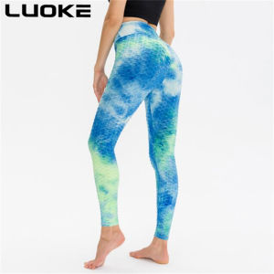 Luoke Women Sports Yoga Pleated Pants Tie Dyed High Waist Hip Lifting Bubble Pants Tight Fast Drying Breathable Fitness Pants