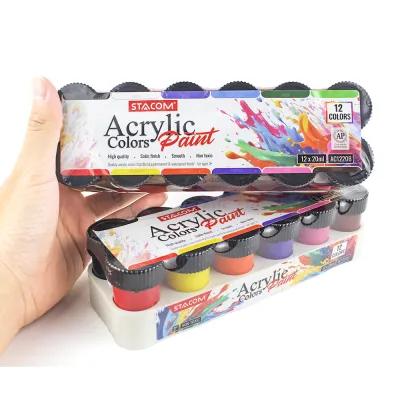 Bộ 12 Màu Acrylic Chuyên Nghiệp STACOM - Với Dung Tích 20ml - AC1220B - Có thể vẽ lên giấy vải sắt đá..