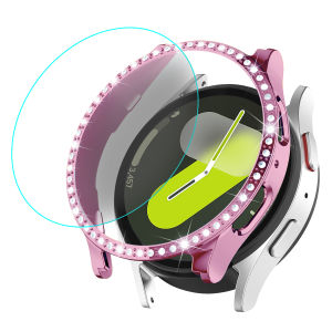 Women Bling Case for Samsung Galaxy Watch 7 40mm 44mm Diamond Case with Tempered Glass Screen Protector for Samsung Smartwatch FE 40mm Galaxy Watch 6/5/4 40mm 44mm Case