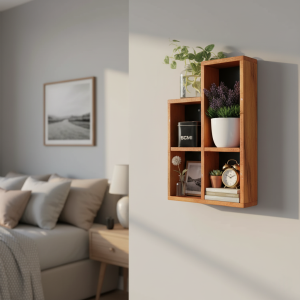 Rak Dinding Minimalis 4 Sekat – Rak Pajangan Estetik Serbaguna untuk Kamar & Ruang Tamu