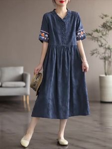 100% Cotton Summer Womens Cotton Linen Short Sleeve Embroidered Waist Cinching Drawstring Slimming Mid-Length Dress V-neck A-line Skirt