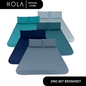 HOLA Bedsheet | Plain Cotton | Full Garter Fitted Sheet + 2 Overlap Pillowcase - Blue Colors