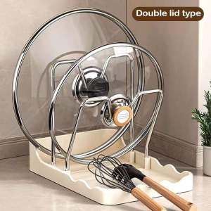 LHS.PH Stainless steel pot lid holder with utensil rack for kitchen countertop. Features two pot lids and two kitchen tools with wooden handles. Suitable for organizing cookware in a modern kitchen setting.