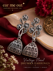 [SG] Vintage Floral Jhumka Earrings | Antique Silver Flower Drop Earrings | Traditional Indian Statement Earrings | Ethnic Fashion Jewellery | ear me out (EMO-94)