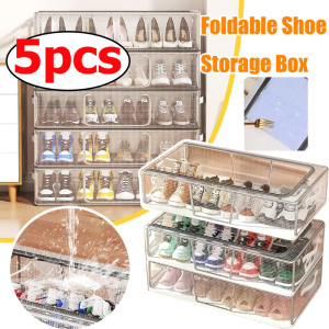 5pcs PVC Large Capacity Waterproof Foldable Shoe Rack / Dustproof Bed Bottom Transparent Sneaker Container / Foldable Shoe Organizer with Steel Frame / Bed Bottom Shoes Storage Box