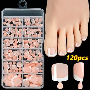 SPDD 120Pcs Chic French Tip Nails Set Glossy Press on Fake Toe Nails Luxury Square Short Tip Toenail Nails Art