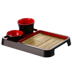 ZHUNIEDU Japanese Style Cold Noodle Dish Multipurpose with Bamboo Mat Sushi Food Tray Kitchen Supply Plastic Soba Noodles Plate For Serving and Decoration