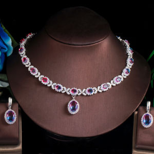 SEQUITOชุดเครื่องประดับเจ้าสาวอุปกรณ์เครื่องแต่งกายปูที่มีเสน่ห์หลากสีลูกบาศก์เพทายเสน่ห์ใบจี้สร้อยคอต่างหูสำหรับพรหมSJ152