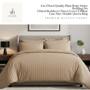 SevHome Hotel Quality 4 in 1 Plain Beige Stripes Bedsheet Sets | Cotton 400 Thread Count | Beddings Bed sheet set with 1 Fitted Sheet with Garter 1 Duvet Comforter Quilt Cover 2 Pillow case | Size Double Queen King