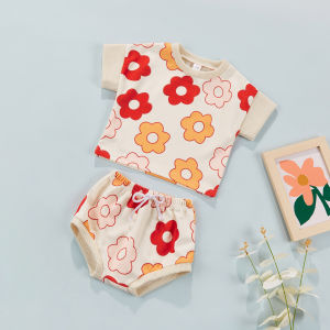 Local 2-3 Days Delivery 2Pcs Baby Girls Outfit Toddlers Summer Creative Flower Printing Round Collar Short Sleeve Tops + Elastic Waist Shorts Set