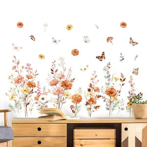 Decal Dán Chân Tường Hoa Cỏ Tone Cam Có Keo Sẵn 105x73cm - Trang Trí Nhà Chống Bẩn Chân Tường
