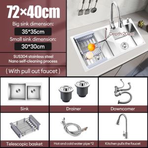 HYM Kitchen Sink SUS304 Stainless Steel With Faucet Set Heavy Duty Nano Double Tub Sink Complete Set Give Drain&Basket