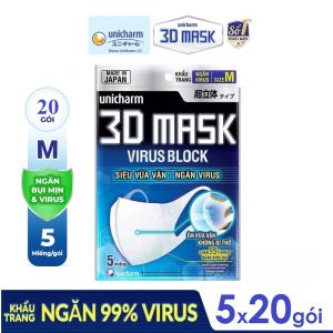 Combo 20 Gói Khẩu trang siêu bảo vệ Unicharm 3D Mask Virus Block size M ngăn bụi mịn và vi khuẩn (gói 5 miếng)
