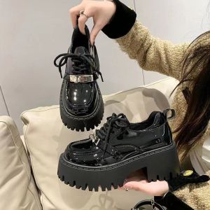 [Free Shipping] WomenS Loafers New Spring/Autumn Styles Fashionable Chunky-Heeled Thick-Soled Casual Versatile Lace-Up And Simple Leather Shoes