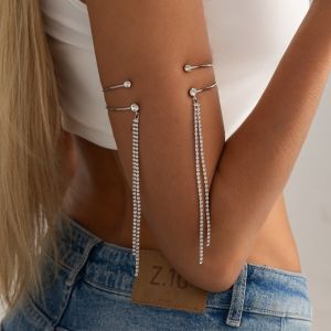 FLYING Chain Tassel Detail Rhinestone Arm Cuff Inlaid Rhinestone Surface Chic Y2K Style Double Layer Arm Band Flexible Opening Size Dual Layer Metal Frame Open Arm Ring Night Club Outfit