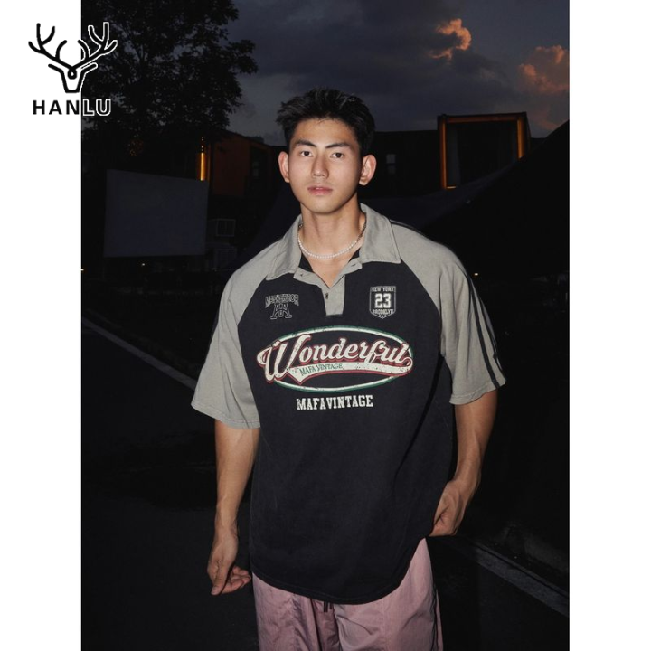 Hanlu เสื้อยืดแขนสั้นสไตล์วินเทจอเมริกันสตรีทคอลเลจคอโปโลสีตัดกัน ...