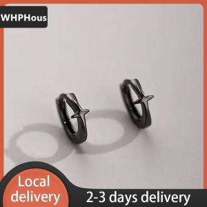 [COD] WHPHous Ship within 24 hours Four-pointed Star Cross Small Hoop Earrings For Men Women Hip Hop Retro Black Silver-color Street Gothic Ear Jewelry
