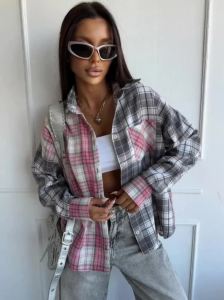 2026 Plus Size Color Block Plaid Shirt: Contrast Notch Collar Blouse with Single Pocket & Straight Hem for Casual Wear2026