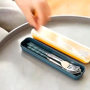 Spoon and Fork Set with Case Stainless Steel Gold Cutlery Set Portable Tableware 4in1 Set with Box