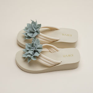[Free Shipping] WomenS High-Heeled Flip-Flops Fashionable Summer Floral Design Wedge Heel Thick Sole Non-Slip Trendy Beach Sandals For Outdoor Wear