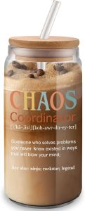 Chaos Coordinator Gifts For Women - 16oz Chaos Coordinator Glass Cup With Lid And Straw - Drinking Glasses Tumbler Gifts For Her - Thank You Gift For Coworker Teacher Boss Lady