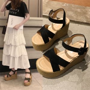 MANXIXI Brand Korean Version Fashion 3.94 Inches High Heels Beautiful Suede Thick Bottom Wedge Shoes Sandals For Women (35-40 Size)