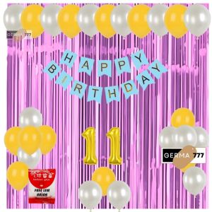 Set Pesta Dekorasi Balon Putih Ulang Tahun Anak Banner Happy Birthday Biru Tirai Pink Tua Ultah