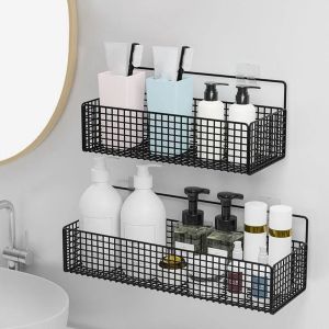 LITUILI Anti-rust Durable Multi-purpose Iron Art Toilet No Punching Bedside Storage Wall Mounted No Trace Sticky Hanging Basket Kitchen Accessories Bathroom Shelf Storage Basket