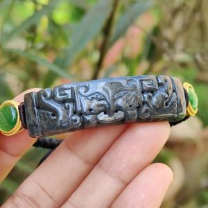 Wuji Black Natural Type A Jadeite Bracelet crafted with Tao Tie symbols of Power and abundance and Money with certificate weigh mm  11.17 grams 48.8 * 13.3 * 6.9 (bracelet7)
