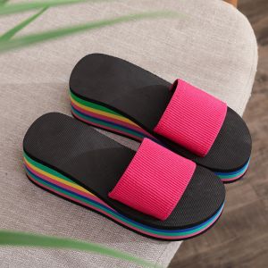 [Free Shipping] Womens flip-flops summer rainbow thick-soled high-heeled colorful casual beach sandals for outdoor wear