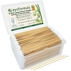 Tăm bông Eyxformula dài 6 inch 200 chiếc gồm 100 chiếc đầu tròn và 100 chiếc đầu nhọn.    Que tre bền đã được chứng nhận FSC đầu bông dùng để vệ sinh súng chăm sóc tai chó làm việc với các thiết bị điện tử các công việc thủ công và sử dụng trong