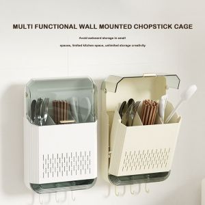 NOBLELUX Space Saving Cutlery Holder Wall Mounted Dust-proof Utensil Drainer Multifunctional Breathable Chopstick Storage Box for Spoons Spatulas Forks
