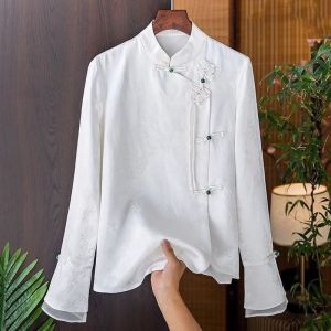 Herstore dài tay áo Cỡ cộng xiên cổ áo nút lên áo sơ mi nữ xuân thu tang triều đại cao cấp in cổ đứng dài tay áo sơ mi