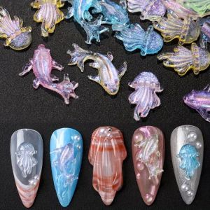 BNUE1 100 Pcs Shark Dolphin Jellyfish Nail Decorations Mini Shiny Goldfish Resin Ocean Aurora Nail Rhinestones Manicure Supplies 100PCS DIY Sea Series Nail Jewelry Ladies