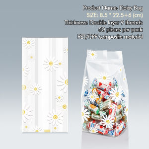 50Pcs Graham Bar Packaging Bags Christmas with Daisy Cookie Design Plastic Heat Seal Food Grade Wrappers for Candy Pastry and Homemade Treats 8x22CM