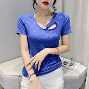 REHIN Womens top Summer Europe style new fashion hollow bead short-sleeved T-shirt Slim fit bottoming shirt