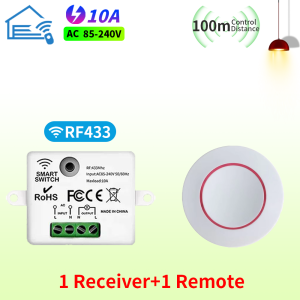 RF 433MHz Wireless Light Switch 240V 110V 10A Relay Controlle Mini Round Button Wall Panel Switch Remote Control For LED Lamp