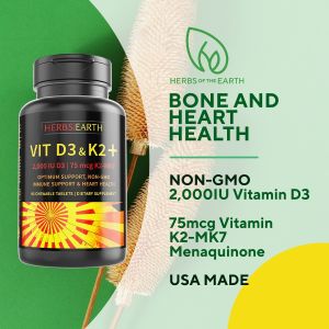 Vitamin D3 with Vitamin K2 + MK-7  NON-GMO USA MADE Bone Strength Heart Health Immune Defender  2000 IU Vit D3 Plus 75mcg K2 MK7 Natural Effective Safe - 90 Chewable Tablets from Herbs of the Earth