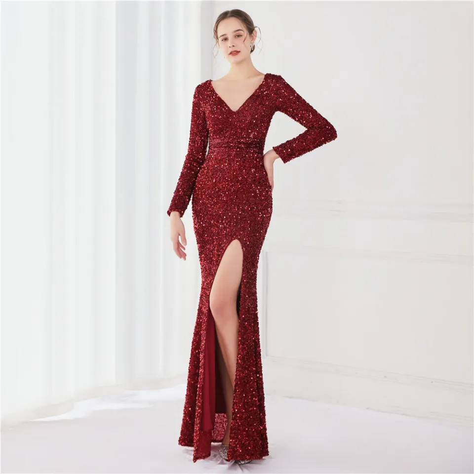 Women Long Sleeve Sequin Evening Dress V Neck Mermaid Fishtail