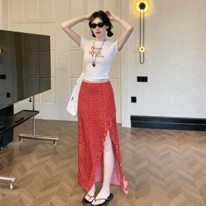 Korean Dress🎉กระโปรงยาว💖กระโปรงทรงเอ กระโปรงy2k กระโปรงลายจุดสีแดงสไตล์ฝรั่งเศส ดีไซน์ผ่าข้างแฟชั่น สไตล์รีสอร์ทสบายๆ