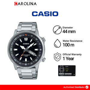 Jam Tangan Pria Casio MTD-130D-1A4 Rotating Compas Grey Bezel Black Dial Silver Stainless Steel Band