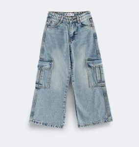 Girls Wide Leg Cargo Jeans Sky Blue