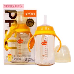 Bình Uống nước Wesser PPSU Cao Cấp Dung tích 260ml ( kèm cây cọ ống hút ) / Bình ống hút uống nước uống sữa cho bé