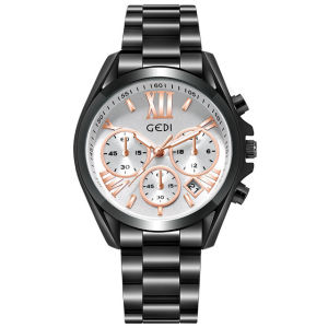 GEDI Womens waterproof steel band watch fashionable three-eye calendar quartz wristwatch 2024 Womens fashion watch 2986