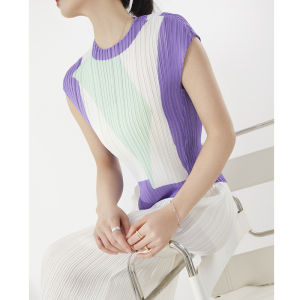 [NOVA quality] hot sale ※Miyake fashionable folded irregular printed top for women  summer new style slitted slim all-match bottoming t-shirt top