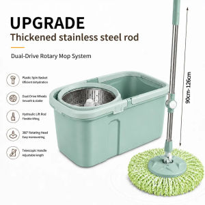 PMOP  2 in 1 Floor Mop with Spinner Snless Steel Bucket Thickened Fabric Large Size 360 Easy Rotating with Drain Cap Dual Drive Microfiber Mop