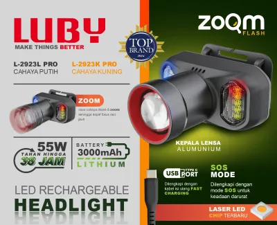 Senter Kepala Zoom Pro LUBY L-2911 Laser LED Premium Edition 60 Watt / LED Recharge Headlight 60W