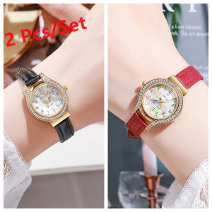2 Pcs/Set OUTSTART Fashion Womens Watches Casual Leather Strap Calendar Diamond Quartz Waterproof Ladies Wristwatches PD721
