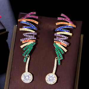 SEQUITO Trendy Coconut Tree Long Drop Earrings Full Micro Pave Colorful CZ Crystal With White Big Round Zircon Gold Plated Fashion Female EarDrop for Cocktail Party SE638