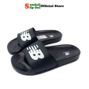 Sandal slide Casual New Balance pria wanita tipe selop slip on warna hitam list putih grade premium